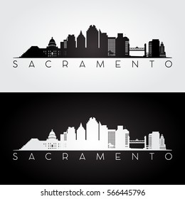 Sacramento USA skyline and landmarks silhouette, black and white design, vector illustration.