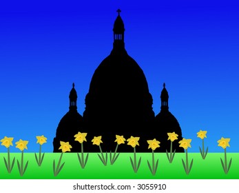 Sacre Coeur Basilica Montmartre in springtime with daffodils in bloom