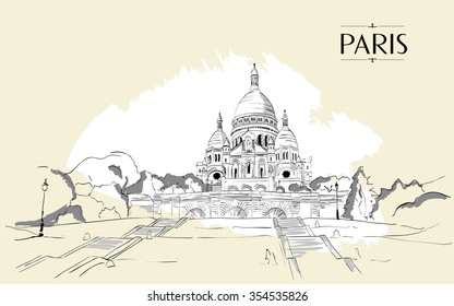  Sacre Coeur in Paris - Vector drawing freehand vintage illustration.