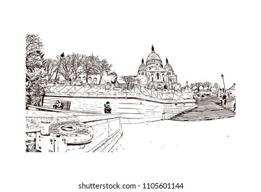 Sacre Coeur-Montmartre. The Basilica of the Sacred Heart of Paris. Hand drawn sketch illustration in vector.