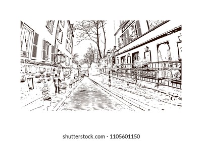 Sacre Coeur-Montmartre. The Basilica of the Sacred Heart of Paris. Hand drawn sketch illustration in vector.