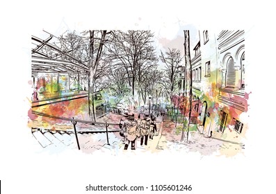 Sacre Coeur-Montmartre. The Basilica of the Sacred Heart of Paris. Watercolor splash with hand drawn sketch illustration in vector.