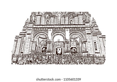 Sacre Coeur-Montmartre. The Basilica of the Sacred Heart of Paris. Hand drawn sketch illustration in vector.