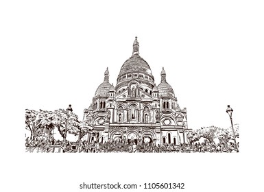 Sacre Coeur-Montmartre. The Basilica of the Sacred Heart of Paris. Hand drawn sketch illustration in vector.