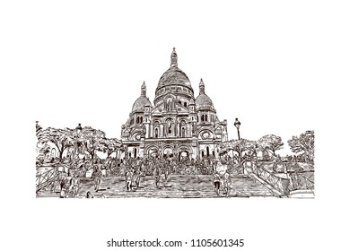 Sacre Coeur-Montmartre. The Basilica of the Sacred Heart of Paris. Hand drawn sketch illustration in vector.