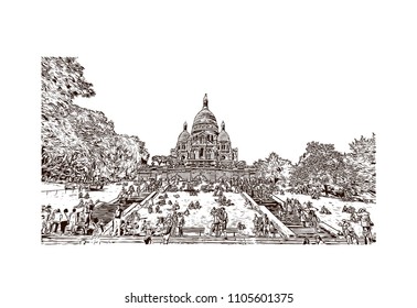 Sacre Coeur-Montmartre. The Basilica of the Sacred Heart of Paris. Hand drawn sketch illustration in vector.