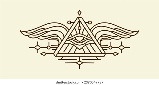 sacred all seeing eye illustration. Ancient Egypt vintage art hipster line art Illustration vector with eye of horus with Sacred scarab wings wall art design in outline artwork