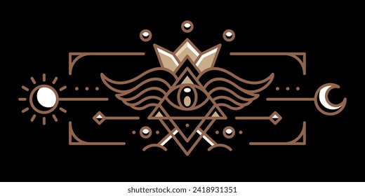 sacred all seeing eye illustration. Ancient Egypt vintage art hipster line art Illustration vector with eye of horus with Sacred scarab wings wall art design in outline artwork