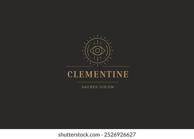 Sacred all seeing eye magic vision luxury line art logo design template vector illustration. Mythology sight esoteric golden minimalist linear logotype for beauty salon fashion stylist brand