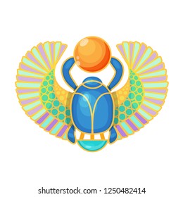 Sacred ancient Egyptian scarab beetle. Sacred insect of sun gods in ancient Egypt. Symbol of the creative power of sun and rebirth in afterlife. Vector illustration isolated.