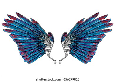 Sacred angel or bird wings. Symbolism of lightness, spirituality, heaven and imagination. Freedom and victory. Woodcut vintage style wings, hipster tattoo or vintage body art concept.