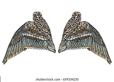 Sacred angel or bird wings. Symbolism of lightness, spirituality, heaven and imagination. Freedom and victory. Woodcut vintage style wings, hipster tattoo or vintage body art.