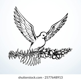 Sacred animal flight light touch stress ministry act lord church hand drawn ink vector art sketch. Soul sit give oil gift  turn bad grief sorrow depress make cheer happy hope dark black sign icon logo