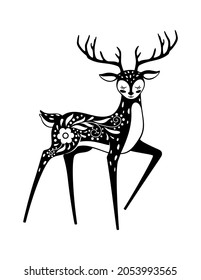 Sacred animal, noble deer in white black. Vector animal deer symbol, wild tattoo and wildlife art, nature stag illustration