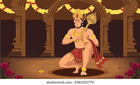 A sacred artwork of Lord Hanuman kneeling in devotion inside a beautifully decorated temple, holding his Gada with deep reverence.