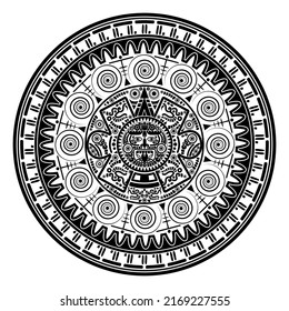 Sacred Aztec wheel calendar Mayan sun god, Maya symbols ethnic mask, black tattoo round frame border old logo icon vector illustration isolated on white background 