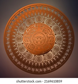 Sacred Aztec wheel calendar Mayan sun god, Maya symbols ethnic mask, bronze round frame border old logo icon vector illustration isolated on vintage background 