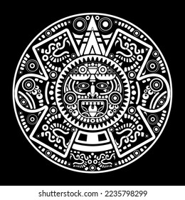 Sacred Aztec wheel calendar Mayan sun god, Maya symbols ethnic mask, white tattoo round frame border old logo icon vector illustration isolated on black background 