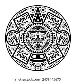 Sagrado calendario de la rueda azteca dios del sol maya, símbolos maya máscara étnica, tatuaje negro marco redondo borde viejo icono del logotipo ilustración vectorial aislado sobre fondo blanco 