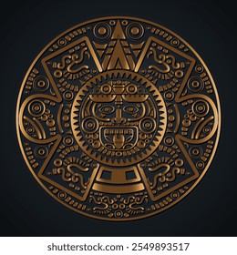 Sacred Aztec wheel calendar Mayan sun god, golden Maya symbols ethnic mask, gold round frame border old logo icon vector illustration isolated on black background 