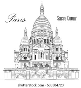 Sacred basilica Sacre Coeur in Paris, France vector hand drawing illustration in black color isolated on white background