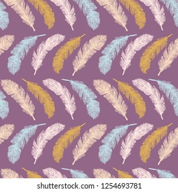 Sacred Bird Feathers Stripes. Hand Drawn Seamless Vector Pattern. Decorative Soft Feathery Illustration for Spiritual Totem Animal Stationery, Nature Backdrops,  Boho Wallpaper. Turquoise Purple Blue