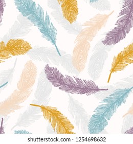 Sacred Bird Feathers Tumbling. Hand Drawn Seamless Vector Pattern. Fluffy Soft Feathery Wing Illustration for Spiritual Totem Animal Stationery, Nature Backdrops, Boho Wallpaper. Turquoise Purple Blue