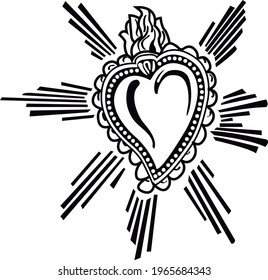 sacred black-and-white heart with rays of light and fire