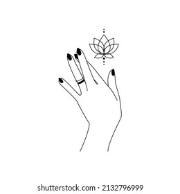 Sacred bloom lotus flower with hand outline. Alchemy spiritual tribal symbol with women palm for emblem yoga wellness and meditation school. Esoteric mystical design element. Vector illustration