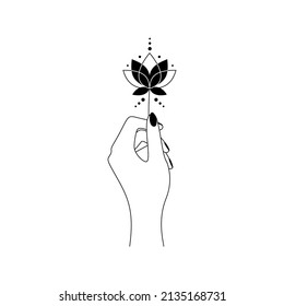 Sacred bloom lotus flower in women hand line art. Alchemy spiritual tribal symbol for emblem yoga wellness and meditation school. Esoteric and mystical design element. Outline Vector illustration