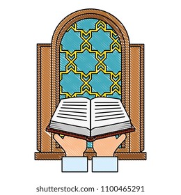 sacred book with temple window religious icon