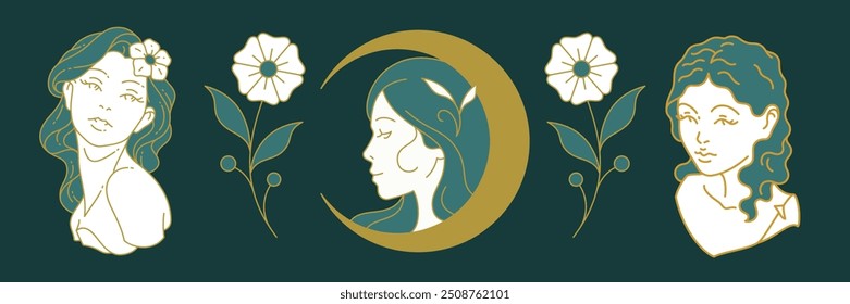 Mujer botánica sagrada del lujo con la ilustración plana del Vector del conjunto del icono contorneado de la media luna y de la flor. Logotipo femenino del busto del retrato de la bruja de la mitología para el concepto del cuidado de piel de la cosmetología del salón de belleza