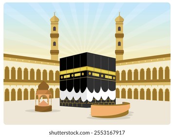 El edificio sagrado de la Kaaba en la Gran Mezquita de La Meca. Un sitio religioso importante para los musulmanes. Concepto de peregrinación islámica Hajj. Ilustración vectorial plana.