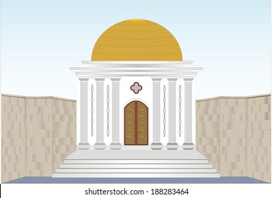Sacred building with a number of columns in the foreground, tall doors, dome-shaped roof covered with copper sheet and a high stone wall guiding visitors to the temple 