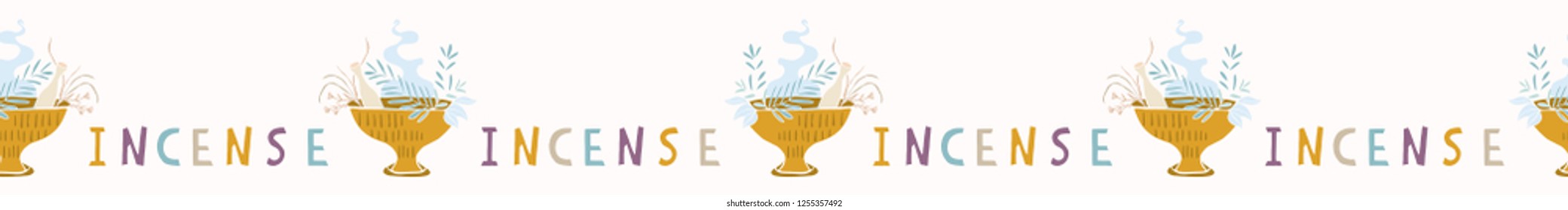 Sacred Burning Incense Cauldron Seamless Vector Border. Dried Herb Bunches of Esoteric Sage, Thyme. Spiritual Symbols Concept Illustration. Herbal Healing for Body Mind Soul Wellbeing with Typography.