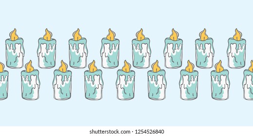 Sacred Candle Magic. Seamless Vector Border Drawing. Love and Light Energy . Mystical Consciousness Symbol.  Lit Candles Banner for Birthday Party, Spiritual Ritual, Celebration. Turquoise Sun Yellow