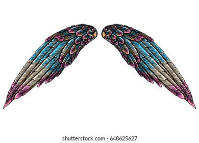 Sacred colourful bird wings of different shape in open position isolated on white background. Colorful angel wings hand drawing sketch. Hipster tattoo or vintage body art concept. Vector.