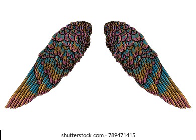Sacred colourful bird wings of different shape in open position isolated on white background. Colorful angel wings hand drawing sketch. Hipster tattoo or vintage body art concept. Vector.