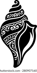 Sacred conch shell shankha Hindu Buddhist religious symbol black silhouette vector illustration ornate icon design
