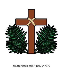 sacred cross religious with frond branches vector illustration