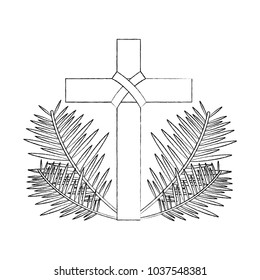 sacred cross religious with frond branches vector illustration sketch design