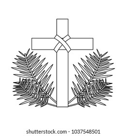 sacred cross religious with frond branches vector illustration outline design