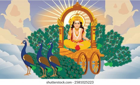 A sacred digital illustration of Lord Kartikeya seated on his golden chariot pulled by peacocks with a radiant celestial backdrop symbolizing divine wisdom and spiritual power