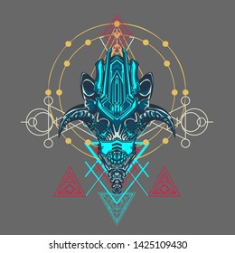 sacred display layouts design with machine dog as modeling and using pop art coloring