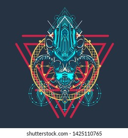 sacred display layouts design with machine dog as modeling and using pop art coloring