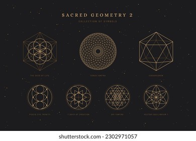 sacred divine geometry 2, set or collection of spiritual meditation symbols, seed of life, piscis eye trinity, sri yantra, torus yantra, 7 days of creation, vector equilibrium, icosahedron