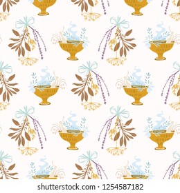 Sacred Dried Herb Bunches Seamless Vector Pattern. Esoteric Burning Sage, Thyme Incense Cauldron. Spiritual Symbols Concept Illustration. Herbal Healing for Spiritual Mindfulness. Gold Turquoise Blue