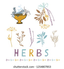 Sacred Dried Herb Bunches Vector Illustration Icon Set . Esoteric Burning Sage, Thyme, Angelica Incense Cauldron. Spiritual Symbols for Herbal Healing and Wellbeing Mindfulness. Gold Turquoise Blue