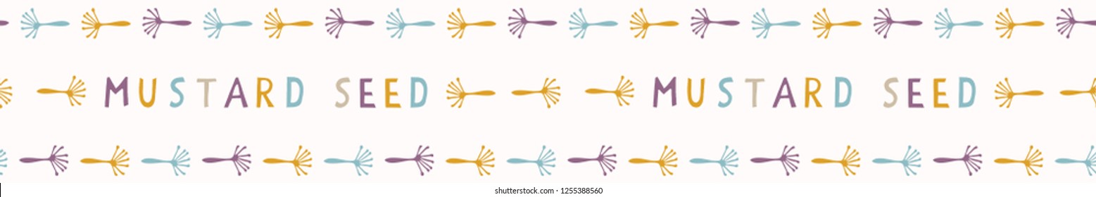Sacred Dried Herb Seed Seamless Vector Border. Tiny Mustard Seed Illustration. Horizontal Stripes of Esoteric Herbal Medicine. Spiritual Plant Symbols with Typography for Meditation Garden Journal. 