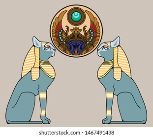 Sacred egyptian symbol - scarab beetle, cats, vector graphics